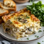 A slice of Mushroom Chicken Alfredo Lasagna with White Sauce served on a plate with parsley garnish.