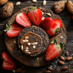 Chocolate rice cakes on a wooden table with toppings.