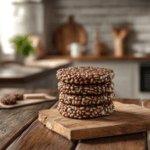 A stack of chocolate rice cakes on a wooden table.
