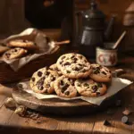 A batch of brown butter chocolate chip cookies arranged on a rustic wooden table.