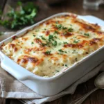 Creamy Chicken Alfredo Lasagna served in a baking dish.