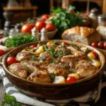 A freshly baked chicken casserole in a rustic dish, showcasing vibrant vegetables and a golden, crispy topping.