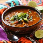 Bowl of Mexican soup with garnishes.