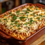Golden baked spaghetti in a casserole dish with melted cheese on top