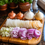 A close-up of sliced yellow, white, red onions, and shallots arranged in separate sections on a cutting board.