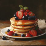 A stack of fluffy soufflé pancakes next to traditional pancakes topped with fruits.