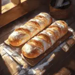 Freshly baked French bread loaves on a rustic wooden surface.