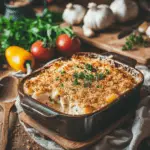 A freshly baked chicken casserole with golden breadcrumbs and herbs.