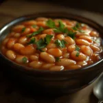 A bowl of homemade baked beans garnished with parsley.
