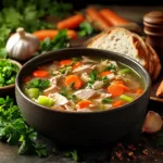 A bowl of turkey soup with fresh herbs and crusty bread on the side.