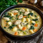A bowl of healthy chicken gnocchi soup with vegetables and herbs.