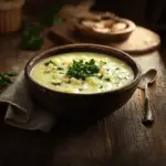 Bowl of hearty potato soup with fresh herbs.