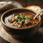 A steaming bowl of beef barley soup with fresh herbs on top.