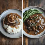 A side-by-side comparison of hamburger steak and Salisbury steak on white plates.