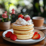 A stack of fluffy soufflé pancakes topped with whipped cream and fresh strawberries.