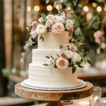Homemade Wedding Cake on a Table with Flowers