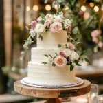 Homemade Wedding Cake on a Table with Flowers