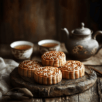 A variety of traditional moon cakes on a wooden platter with tea.