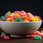 A colorful assortment of freeze-dried candies, including Skittles, marshmallows, and gummy bears, arranged in a bowl.