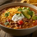 Chilled taco soup frios garnished with avocado, cheese, and tortilla strips.
